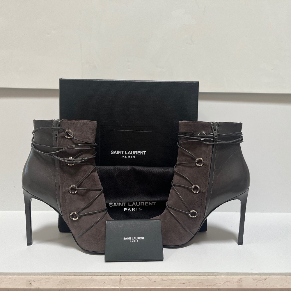 NIB SAINT LAURENT CLASSIC PARISING LACE-UP BOOTIE GRAY SIZE 39
